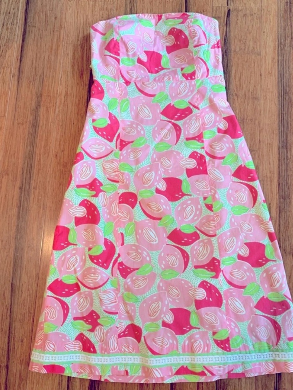 Lilly Pulitzer Strapless Peaches Tie Back Dress Green and Pink Cotton Size 2